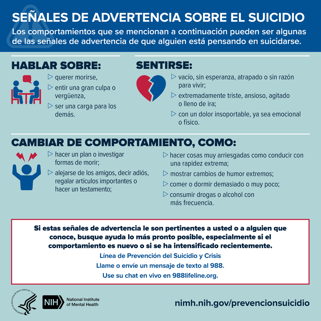 Presenta comportamientos y sentimientos que pueden ser señales de advertencia de que alguien está contemplando suicidarse. Le dirige a www.nimh.nih.gov/prevencionsuicidio